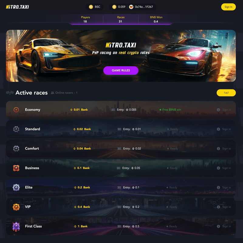 Nitro.taxi gaming interface showcasing real-time racing and crypto integration