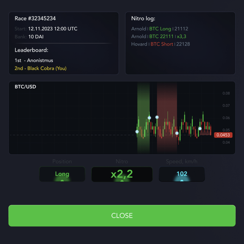 Nitro acceleration mechanics showing crypto price integration and racing interface